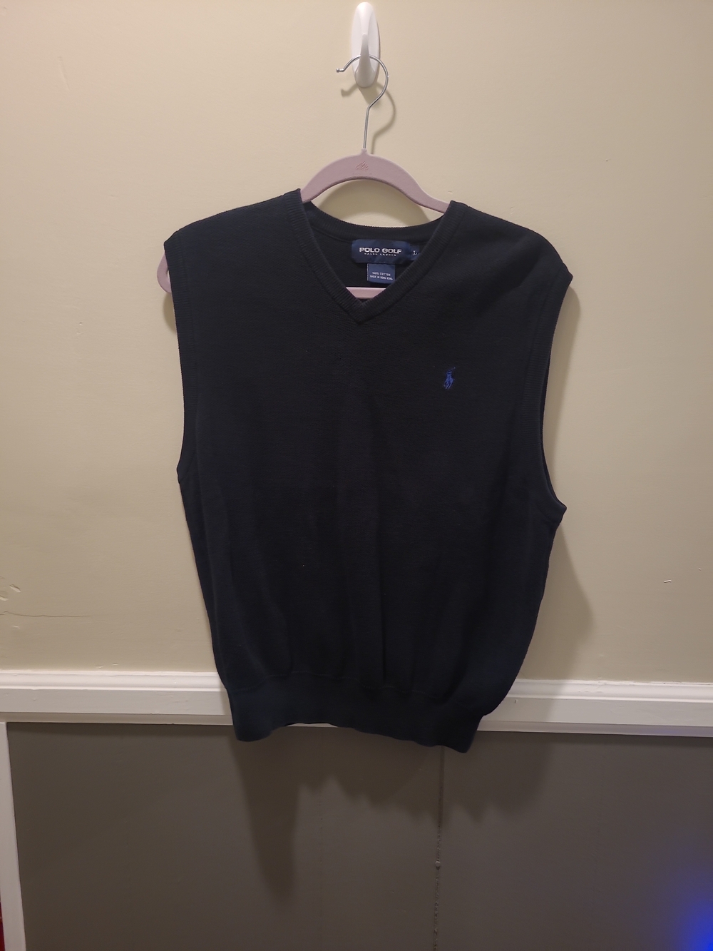 Vtg Polo Golf Ralph Lauren 100% Cotton Sweater Vest Large Black Blue Pony